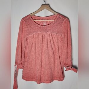 Women's St. John's Bay Medium Coral Top with Lace Detail 3/4 Length Tie Sleeves